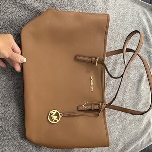 Michael Kors Brown Leather Tote with Gold Logo Charm